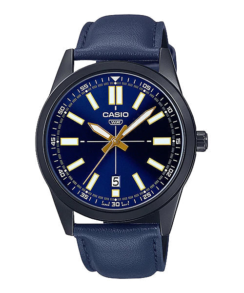 Reloj casual correa de cuero MTP-VD02BL-2E